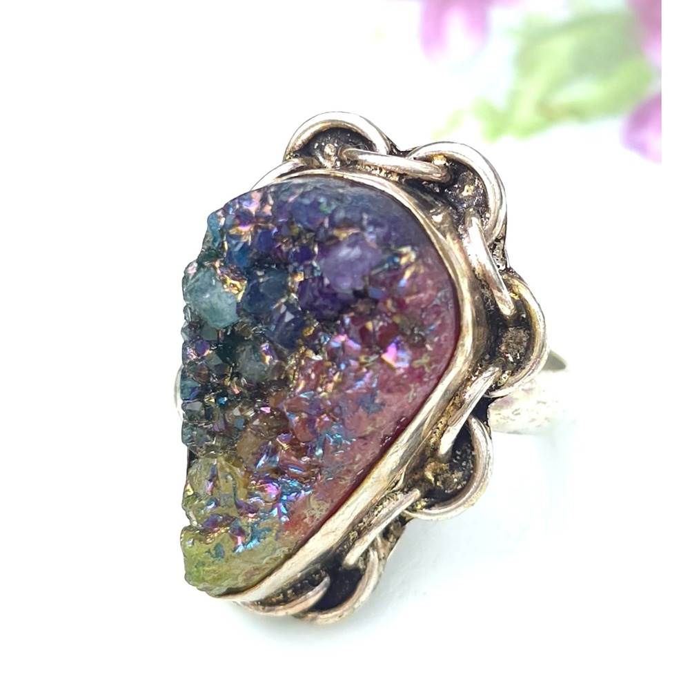 Sterling Silver Peacock Druzy Ring Size 7 Artisan Rainbow Crystal Statement Ring - Picture 4 of 9